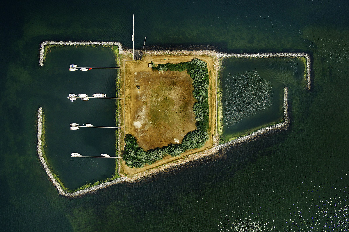Aerial Top View of Island Marina near Herkingen, Netherlands.