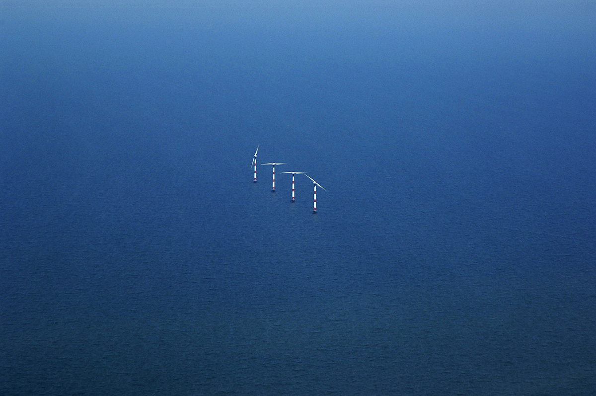 Aerial View of 4 Two-Bladed Windmills near Medemblik, Netherlands.