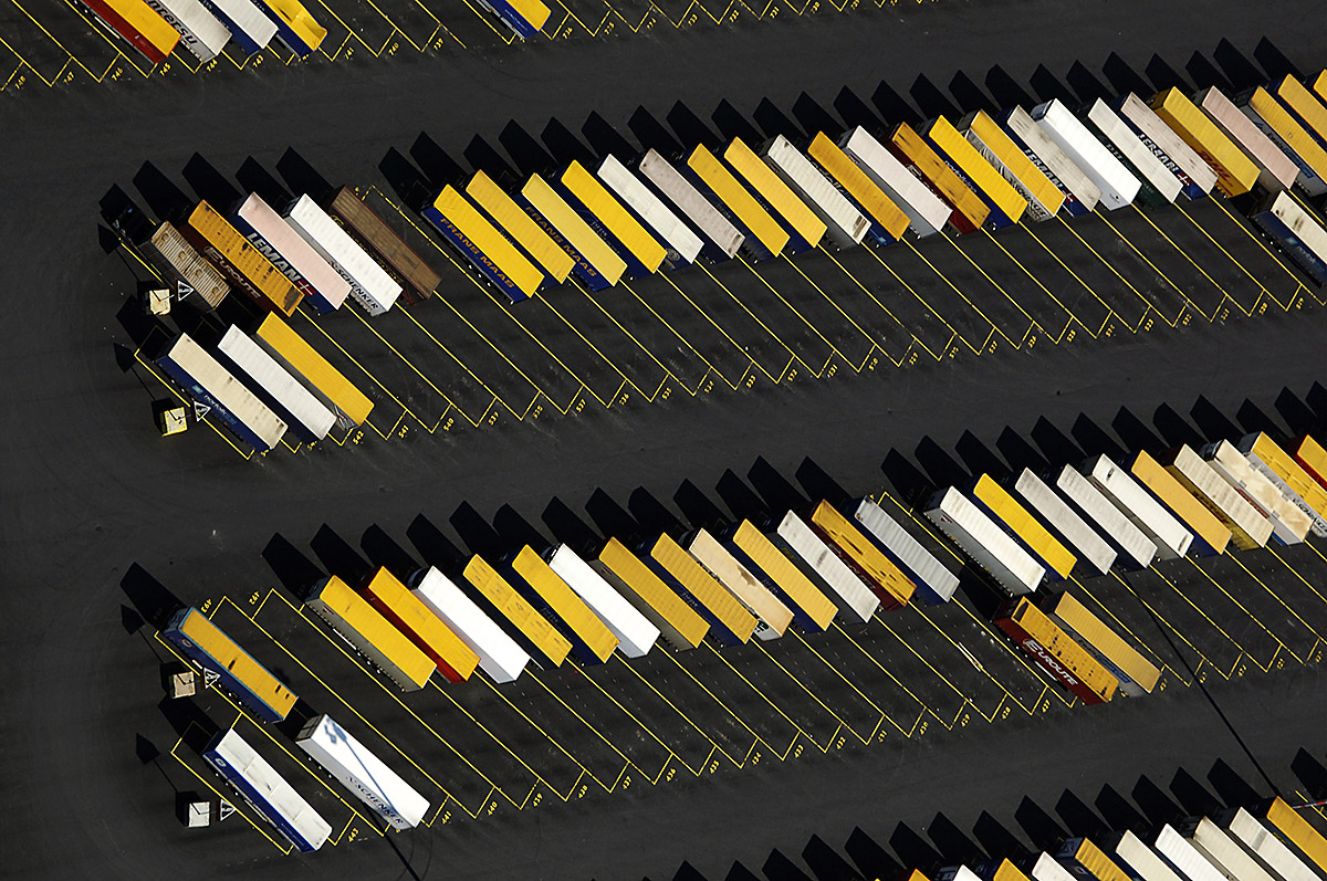 Aerial Top View of Container Parking, Helsinki, Finland.