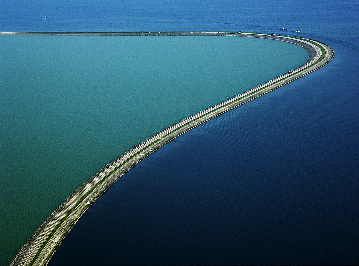 Aerial Seascape View of Houtribdijk Dyke Road in the Sea, Netherlands.