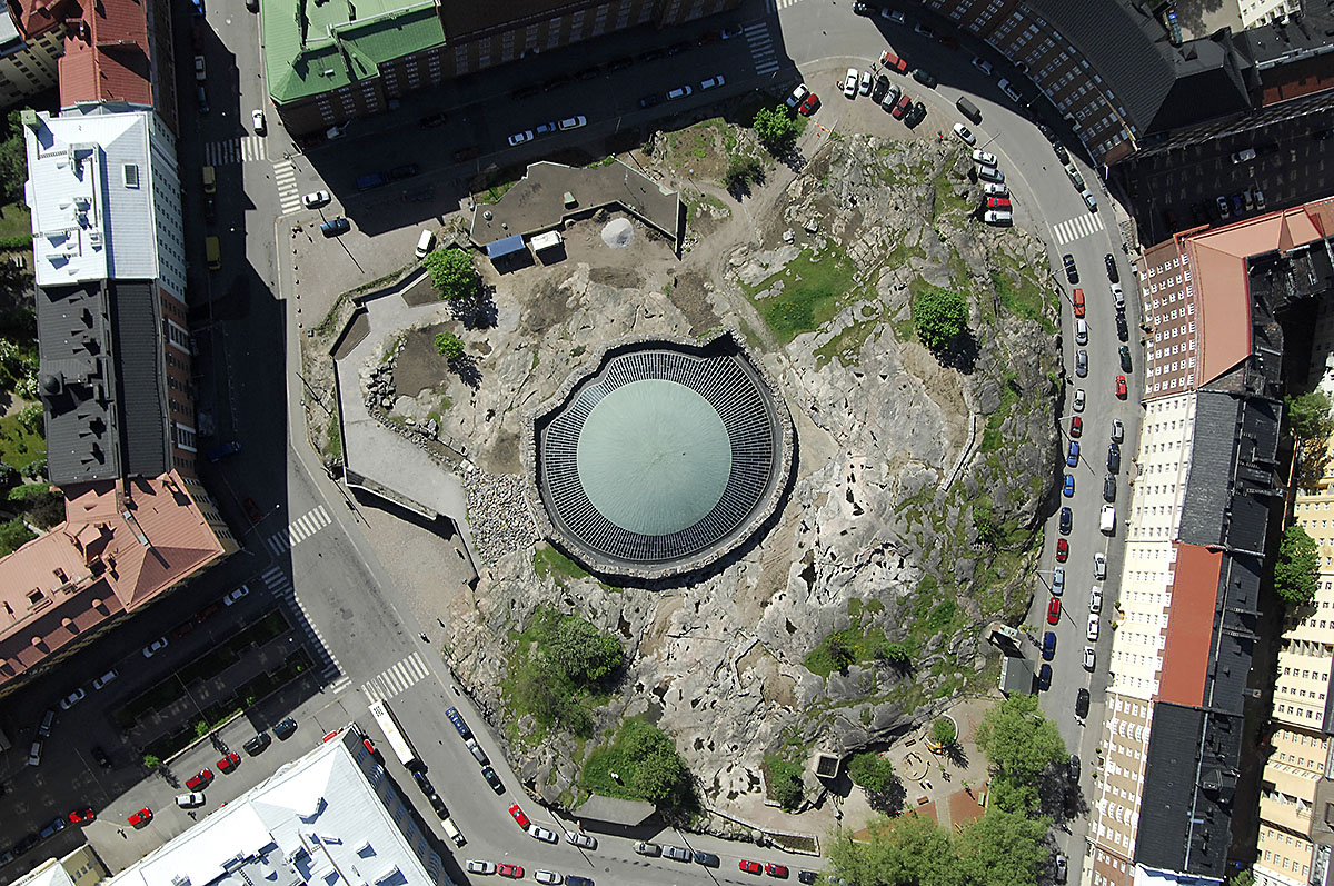 Aerial Top View of Temppeliaukio Rock Church Helsinki, Finland.