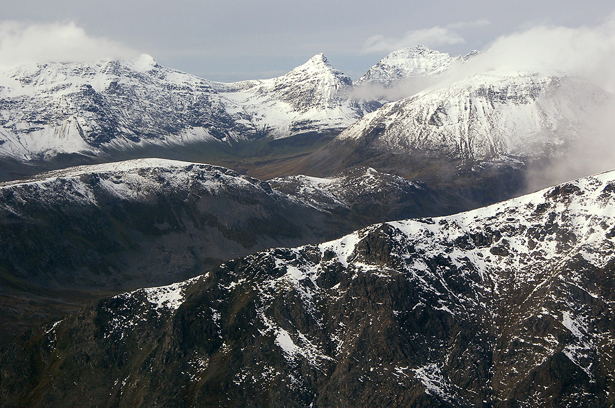 Aerial Landscape View of Snowy Mountain Tops on Alta-Tromsø Stretch, Norway.