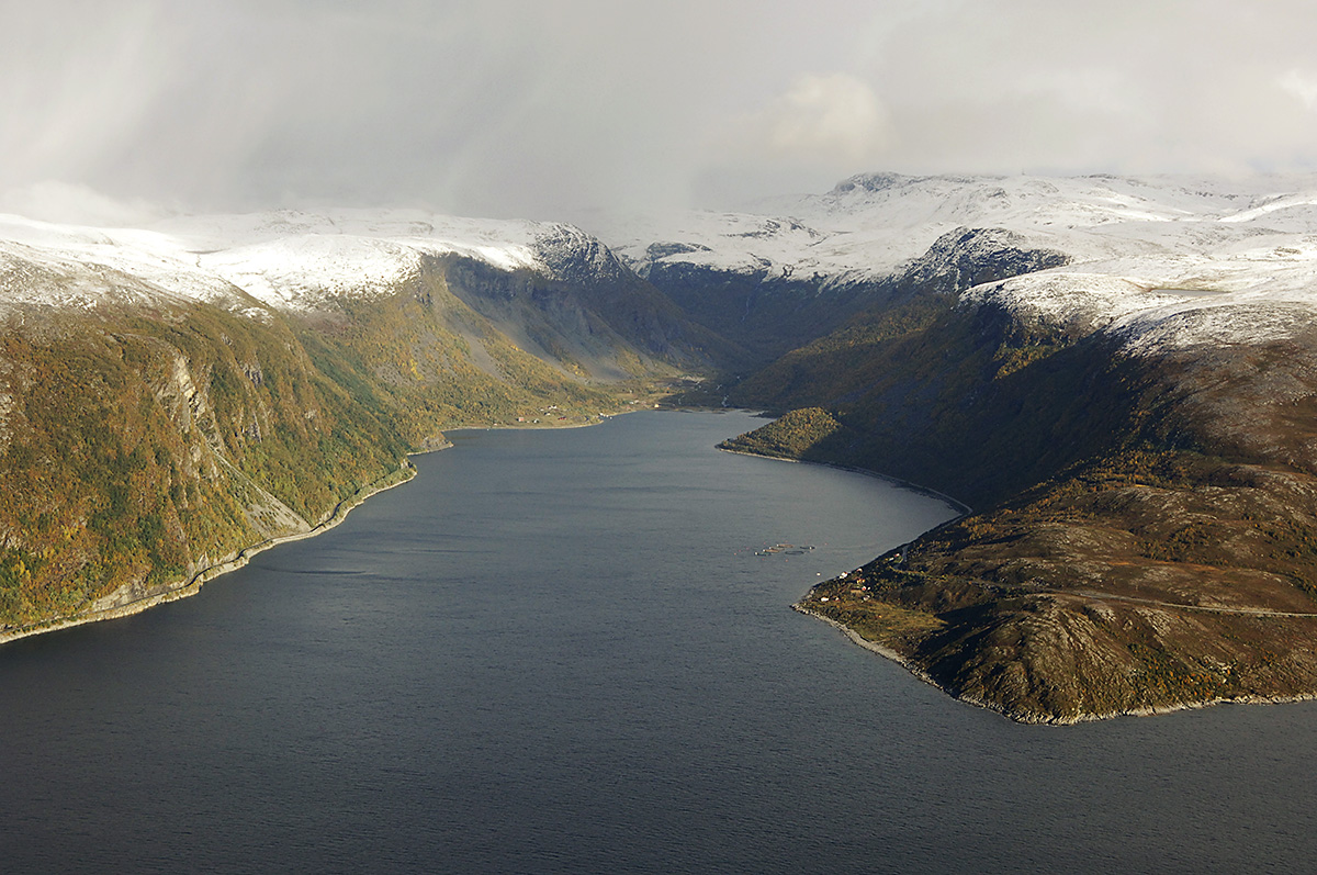 Aerial Landscape View of Alta Fjord Inlet, Norway.