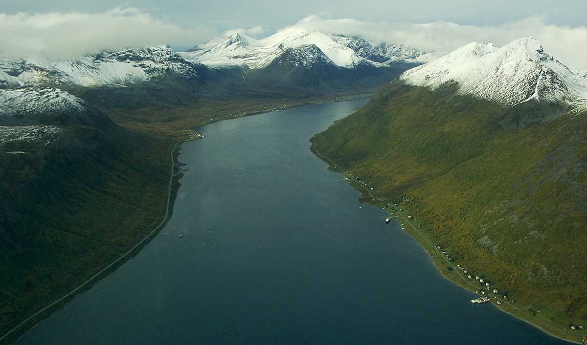 Aerial Landscape View of A Fjord Somewere between Alta and Tromsø, Norway.