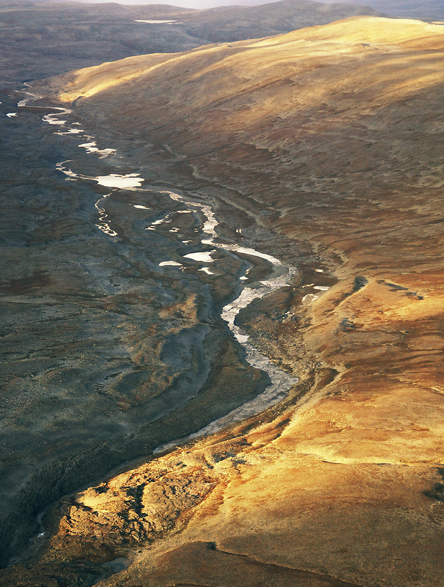 Aerial Landscape View of Mountain River on Kirkines-Alta stretch, Norway.