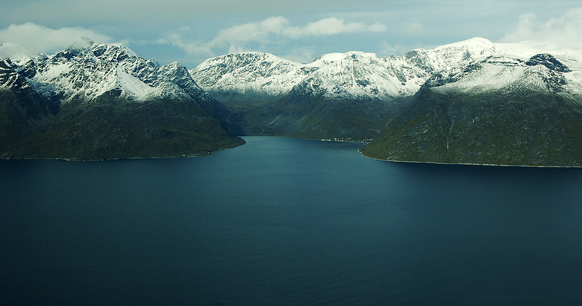 Aerial Snowy Mountain Landscape on Alta-Tromsø Stretch, Norway.