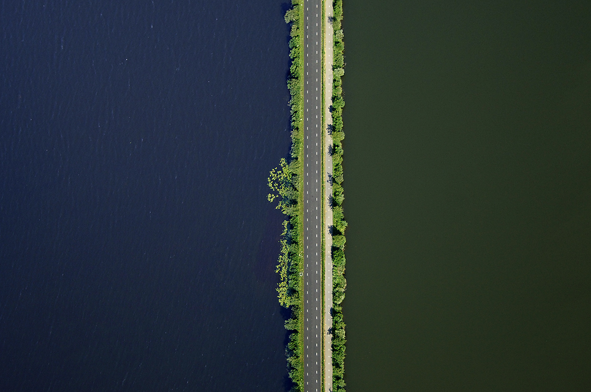 Aerial Top Down Seascape View of Houtribdijk Road Dam, Netherlands.