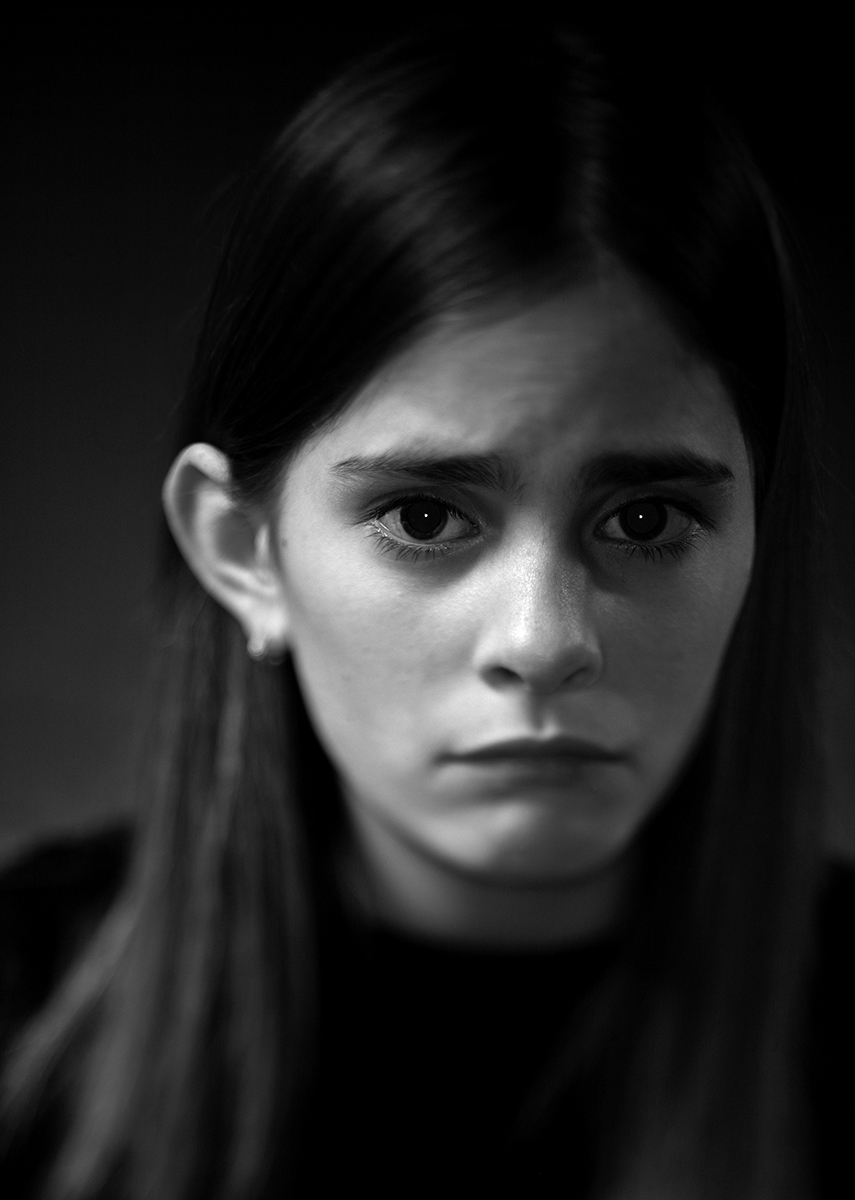 Sara Maria, girl looking very sad black and white large format portrait
