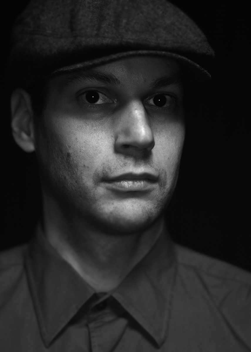 Trevor Marshall looking secretive black and white large format portrait