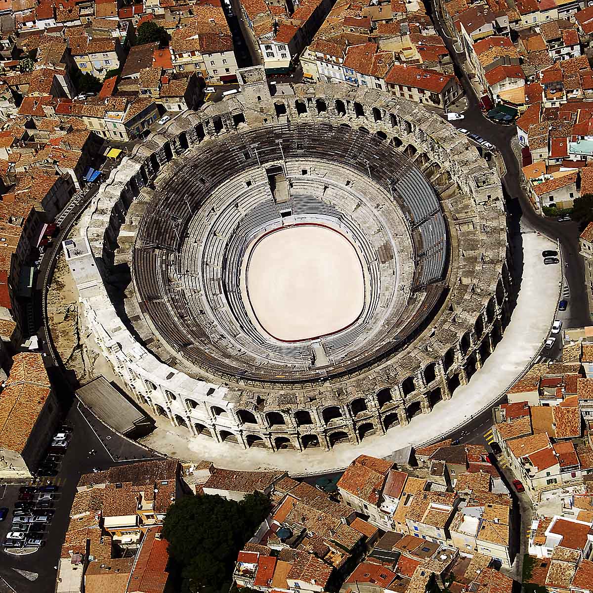 Aerial View of Arles Amphitheater, France.